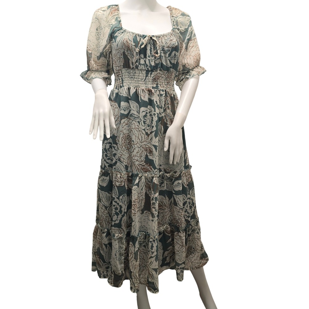 Indulge in Style XL Teal Floral Midi Dress Chiffon Smocked Puff Sleeve Boho